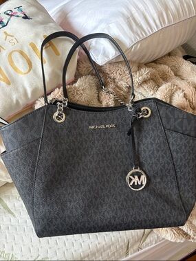 Michael Kors Black MK Logo Tote with Silver Hardware